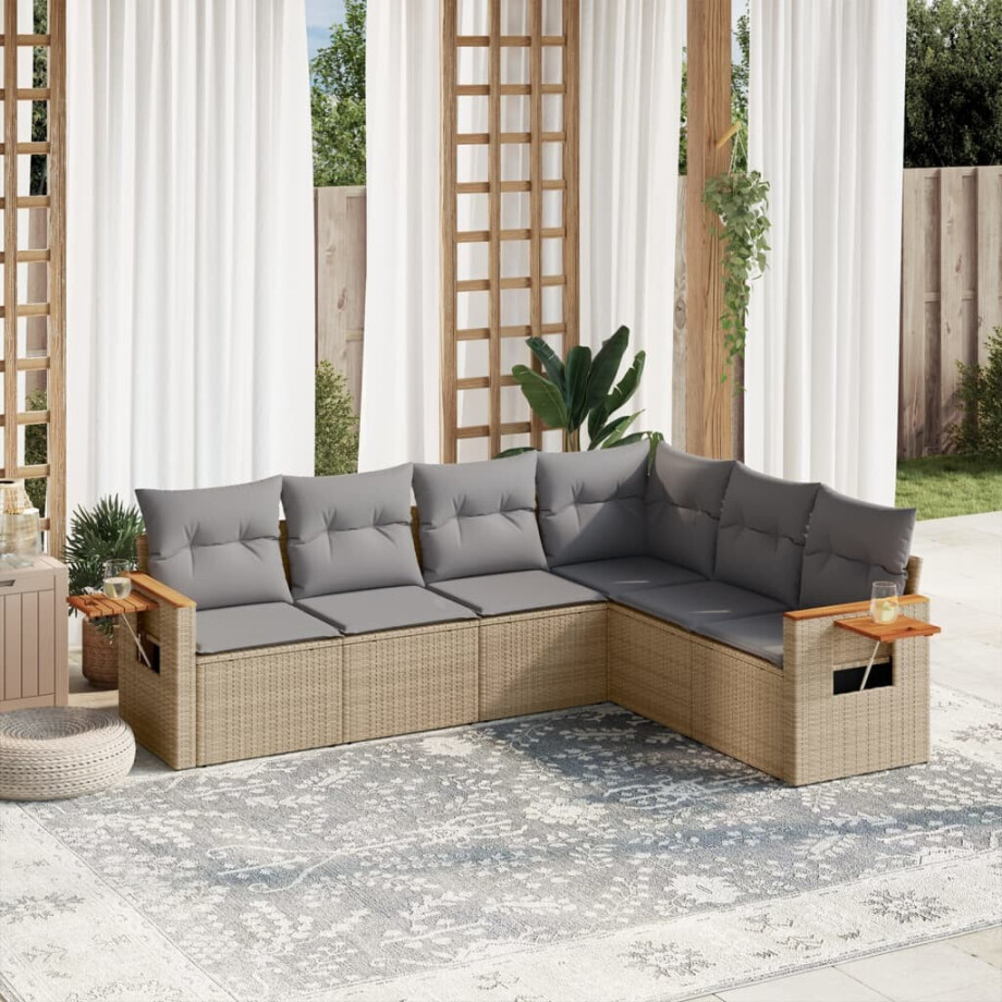 vidaXL 6-delige Loungeset met kussens poly rattan beige afbeelding 1