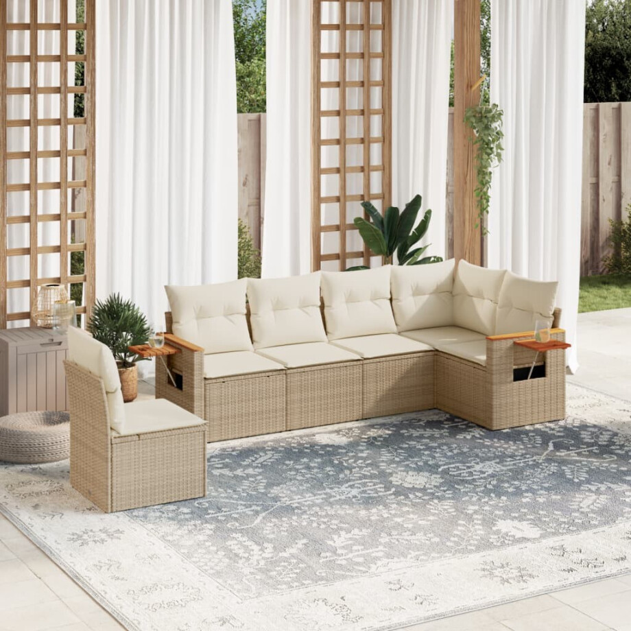 vidaXL 6-delige Loungeset met kussens poly rattan beige afbeelding 1