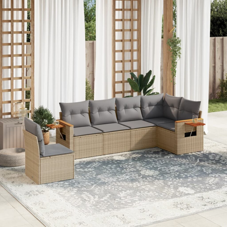vidaXL 6-delige Loungeset met kussens poly rattan beige afbeelding 1