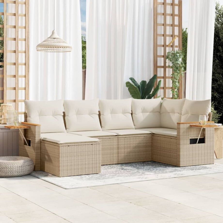vidaXL 6-delige Loungeset met kussens poly rattan beige afbeelding 1