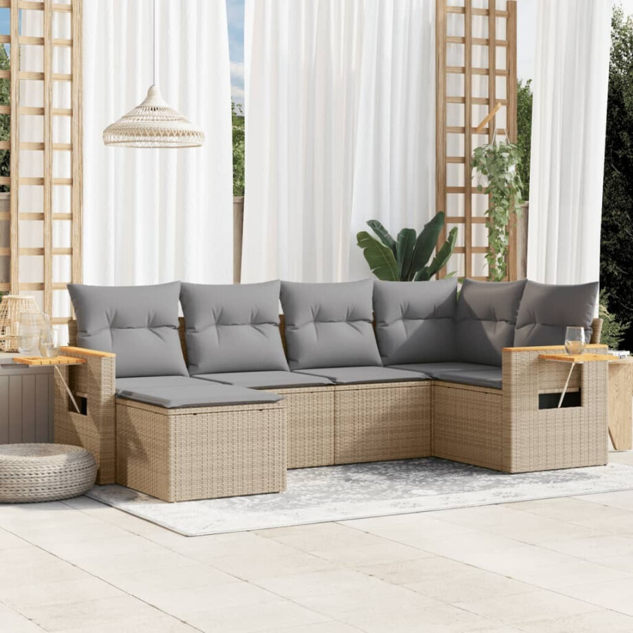 vidaXL 6-delige Loungeset met kussens poly rattan beige afbeelding 1