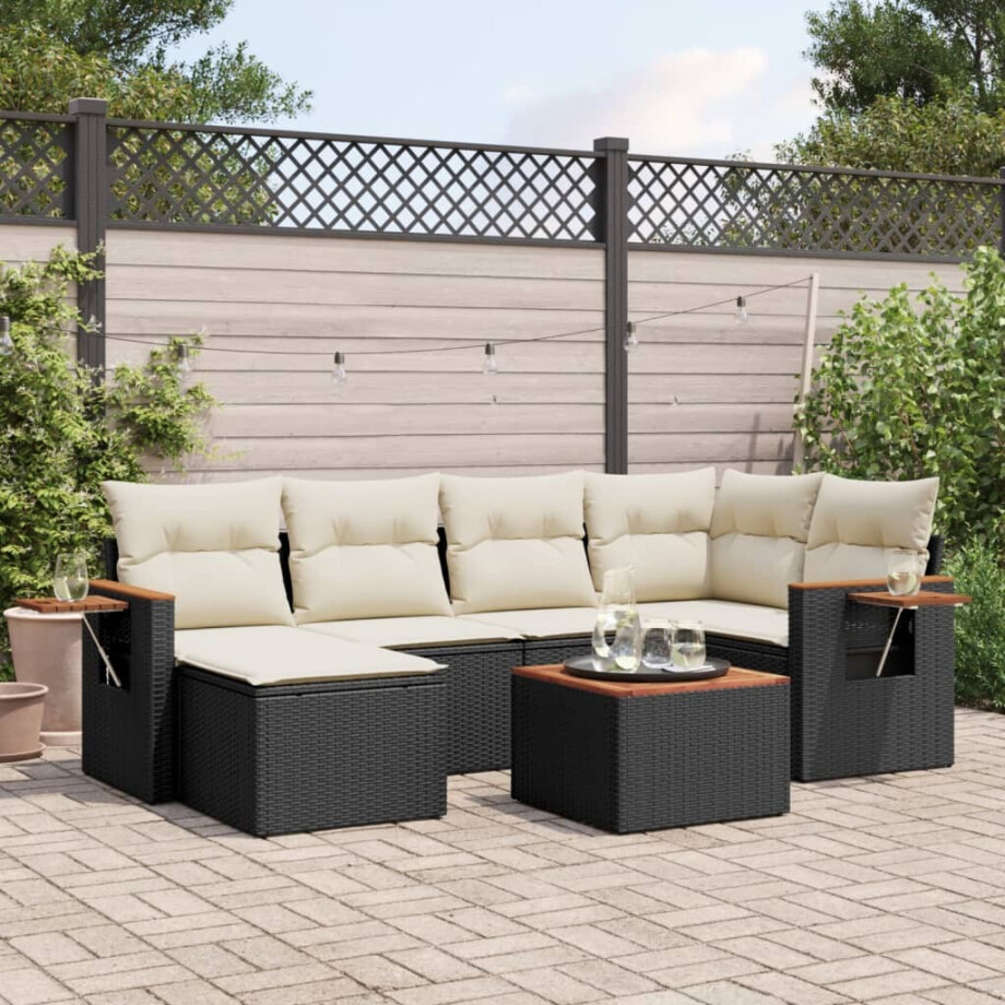 vidaXL 7-delige Loungeset met kussens poly rattan zwart vidaXL 7-delige Loungeset met kussens poly rattan zwart afbeelding 1