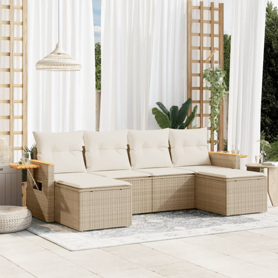 vidaXL 6-delige Loungeset met kussens poly rattan beige afbeelding 1