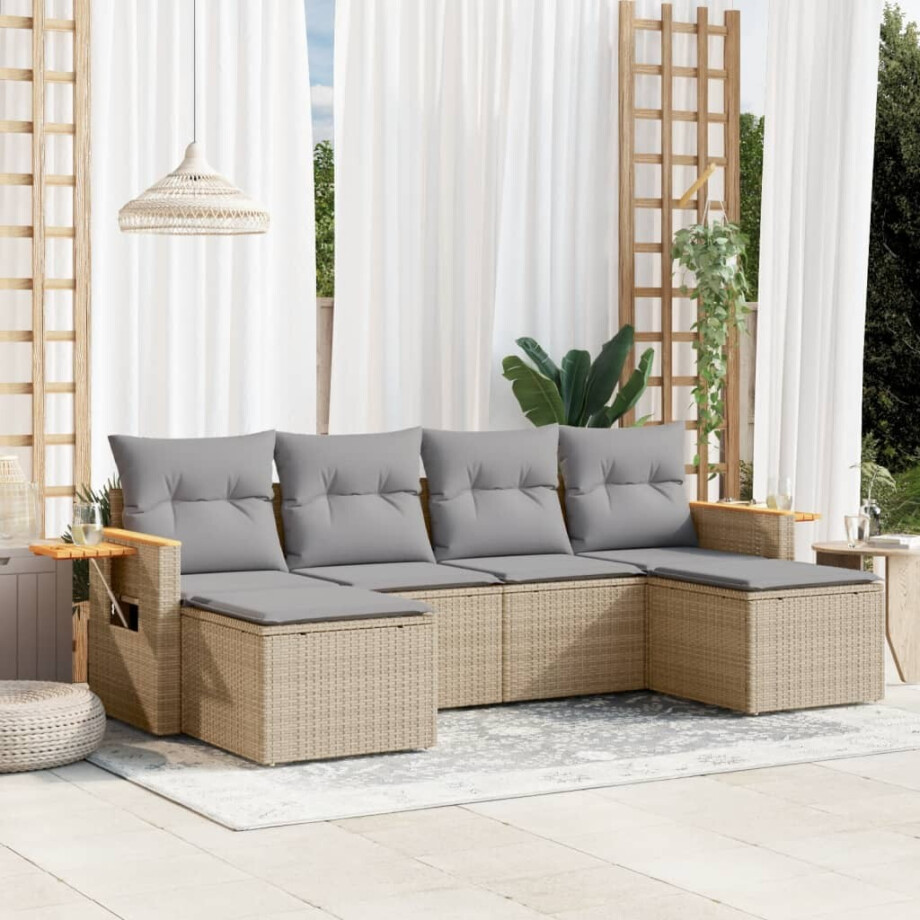 vidaXL 6-delige Loungeset met kussens poly rattan beige afbeelding 1