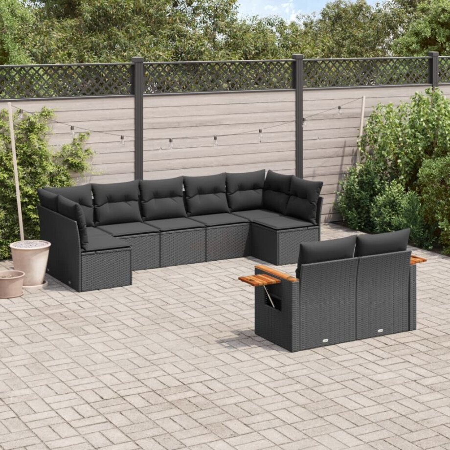 vidaXL 9-delige Loungeset met kussens poly rattan zwart vidaXL 9-delige Loungeset met kussens poly rattan zwart afbeelding 1