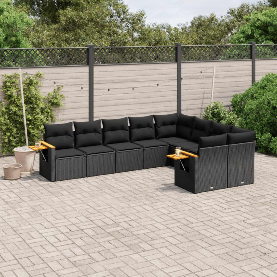 vidaXL 9-delige Loungeset met kussens poly rattan zwart vidaXL 9-delige Loungeset met kussens poly rattan zwart afbeelding 1