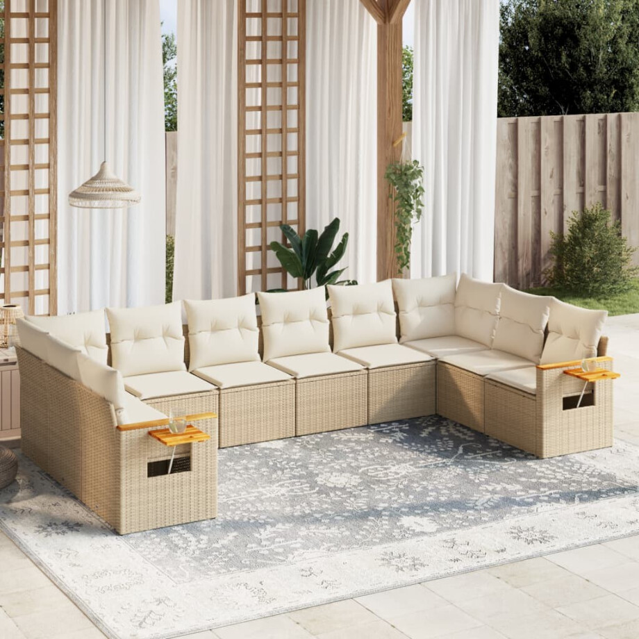 vidaXL 10-delige Loungeset met kussens poly rattan beige vidaXL 10-delige Loungeset met kussens poly rattan beige afbeelding 1