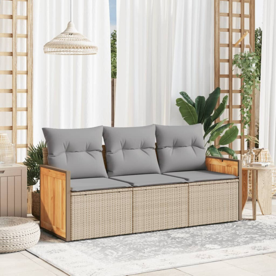 vidaXL 3-delige Loungeset met kussens poly rattan beige afbeelding 1