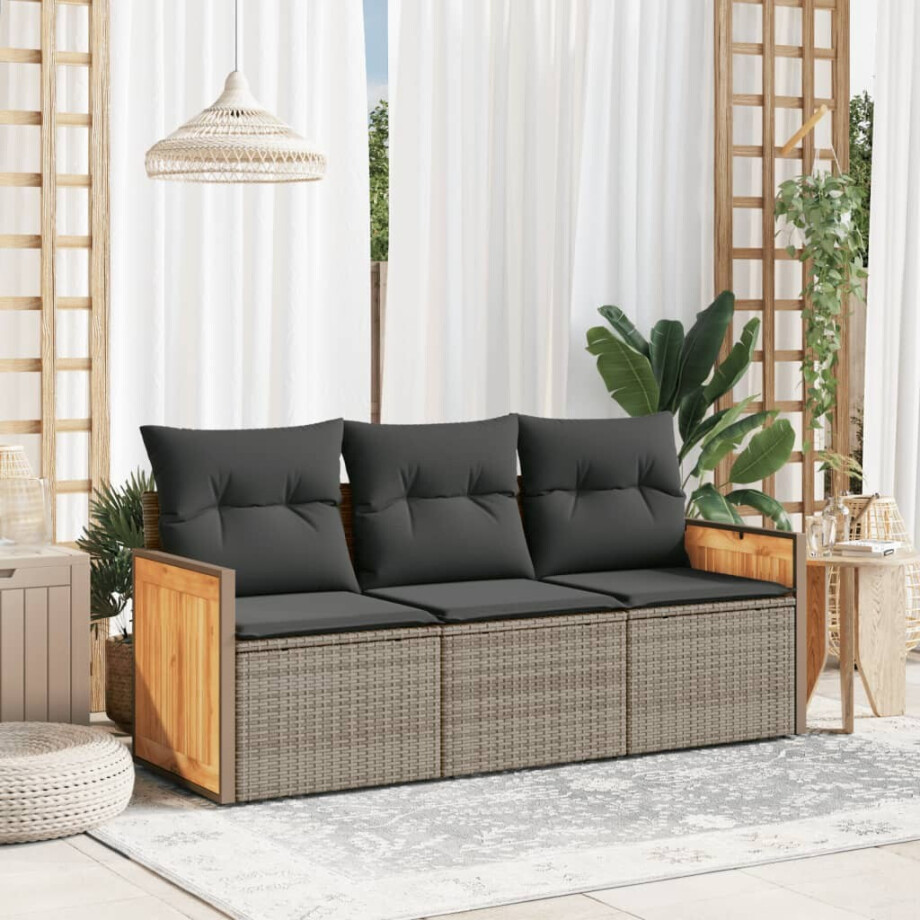 vidaXL 3-delige Loungeset met kussens poly rattan grijs afbeelding 1