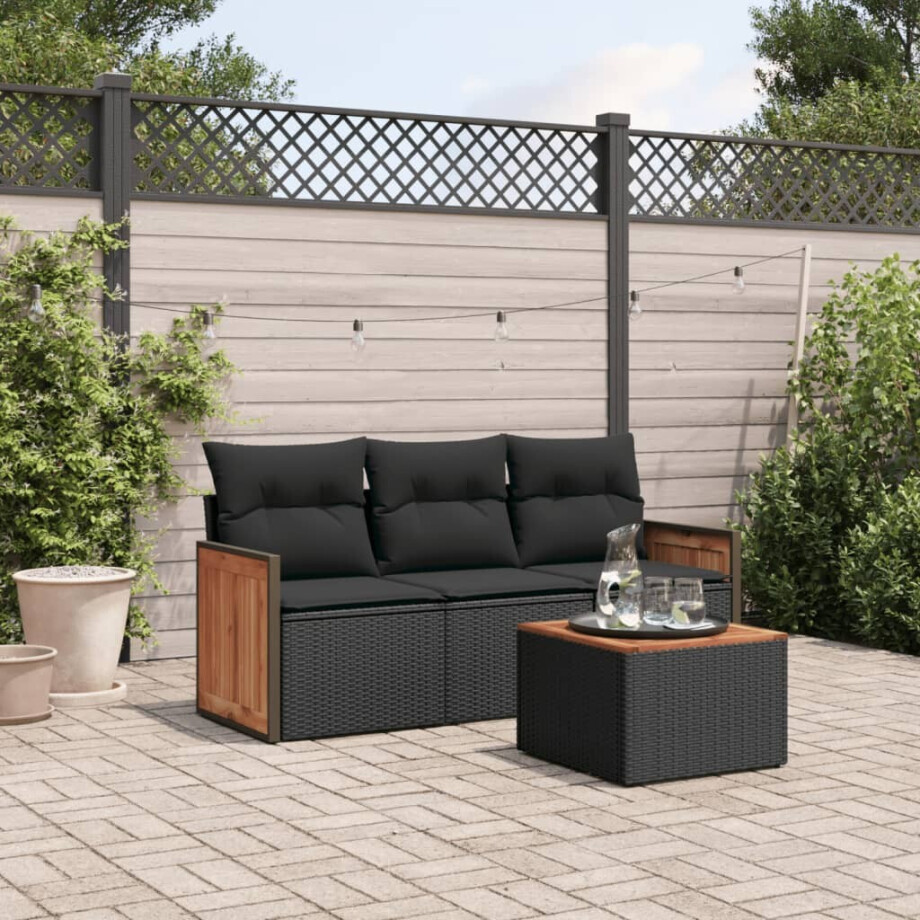 vidaXL 4-delige Loungeset met kussens poly rattan zwart afbeelding 1