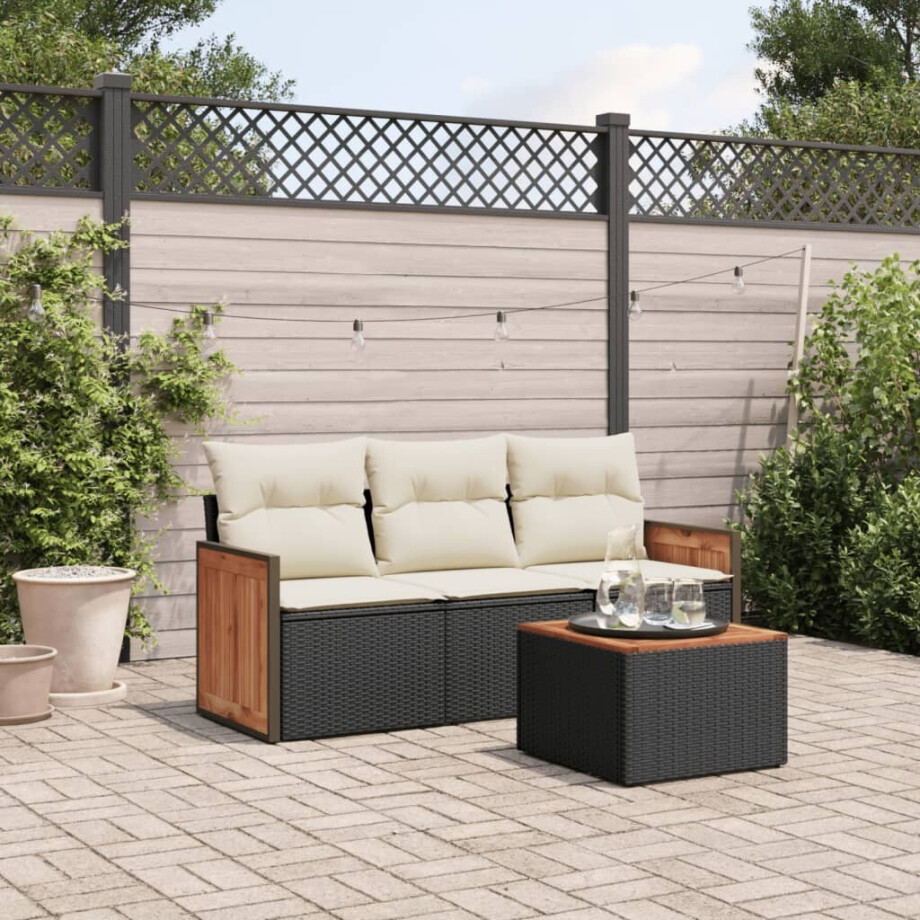 vidaXL 4-delige Loungeset met kussens poly rattan zwart afbeelding 1