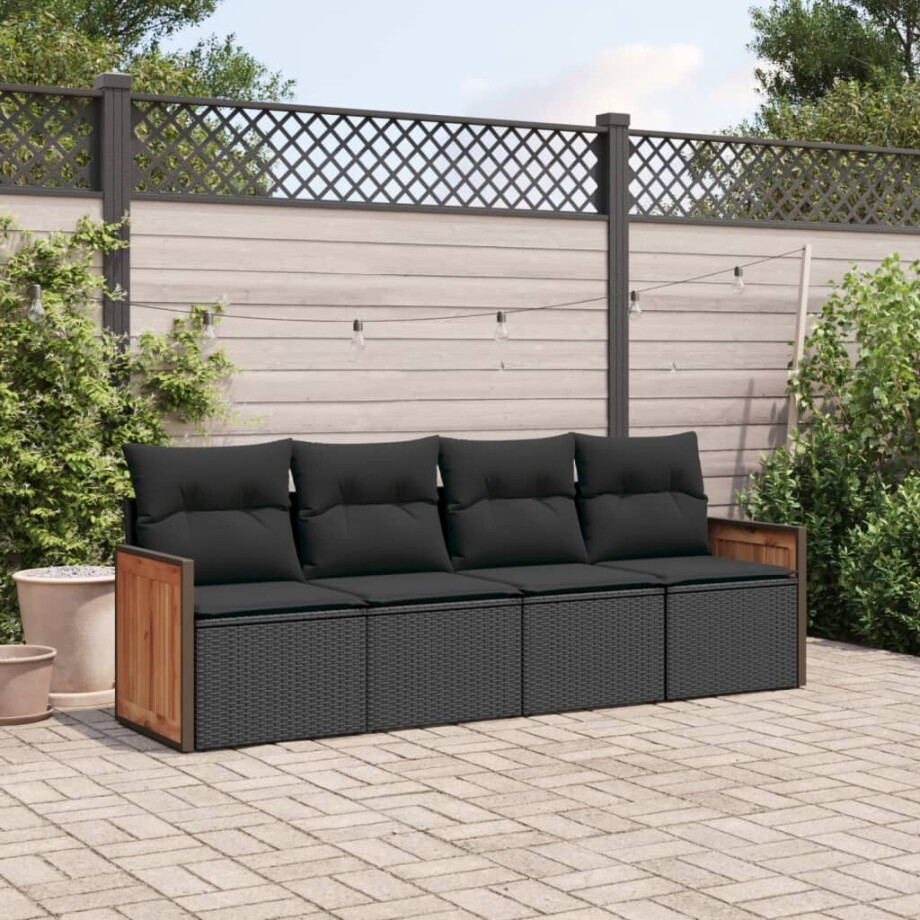 vidaXL 4-delige Loungeset met kussens poly rattan zwart afbeelding 1