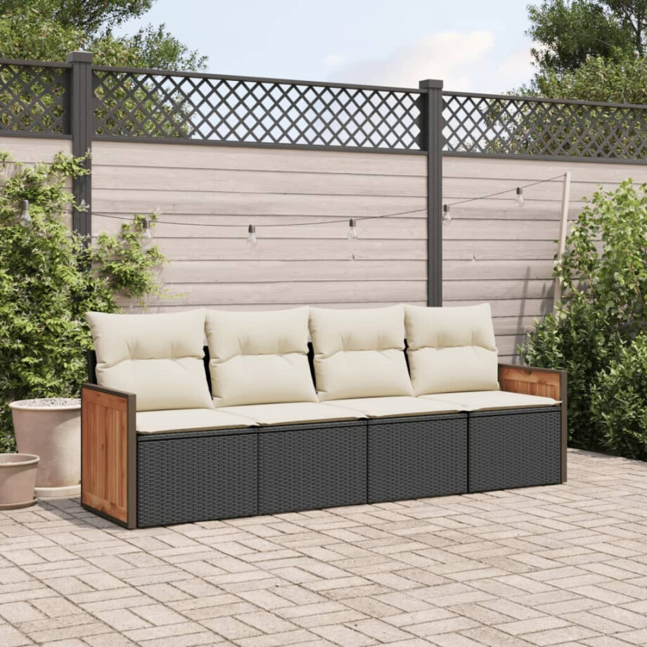 vidaXL 4-delige Loungeset met kussens poly rattan zwart afbeelding 1