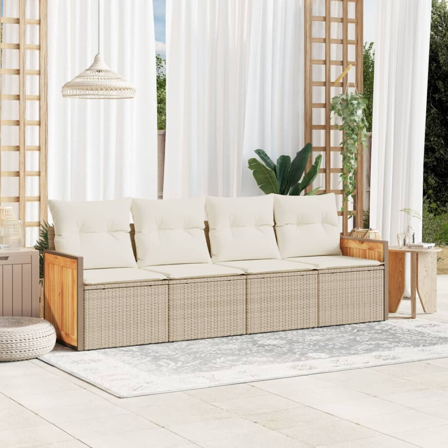 vidaXL 4-delige Loungeset met kussens poly rattan beige afbeelding 1