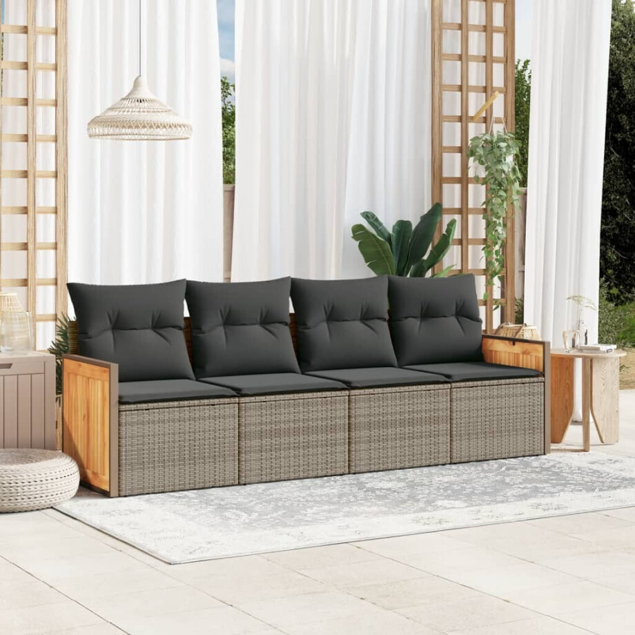 vidaXL 4-delige Loungeset met kussens poly rattan grijs afbeelding 1