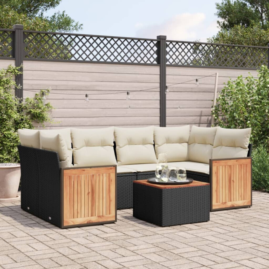 vidaXL 7-delige Loungeset met kussens poly rattan zwart vidaXL 7-delige Loungeset met kussens poly rattan zwart afbeelding 1