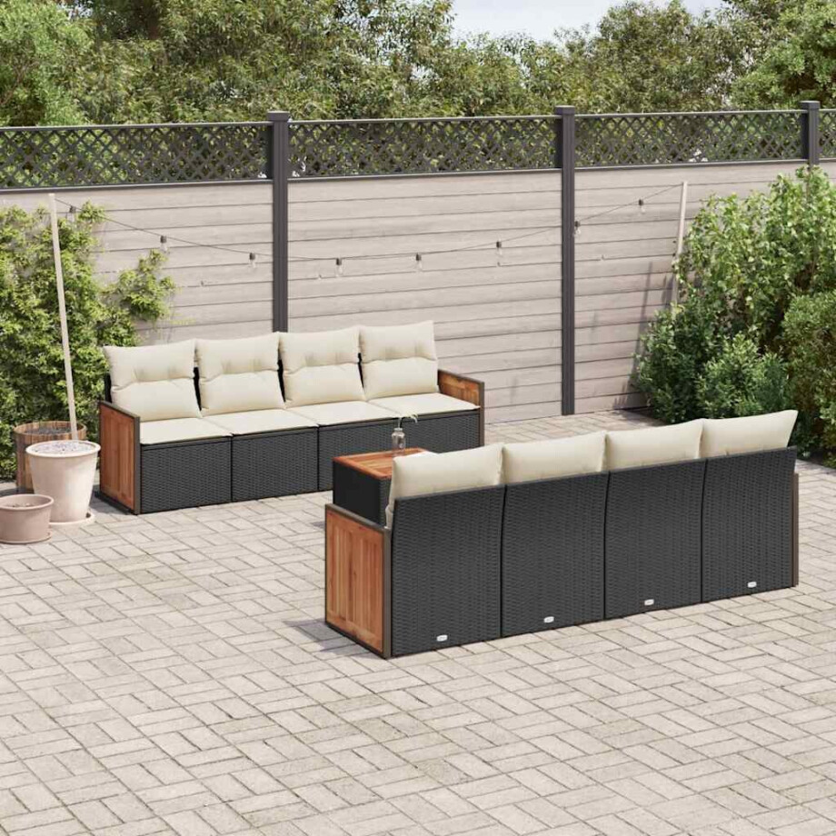 vidaXL 9-delige Loungeset met kussens poly rattan zwart vidaXL 9-delige Loungeset met kussens poly rattan zwart afbeelding 1