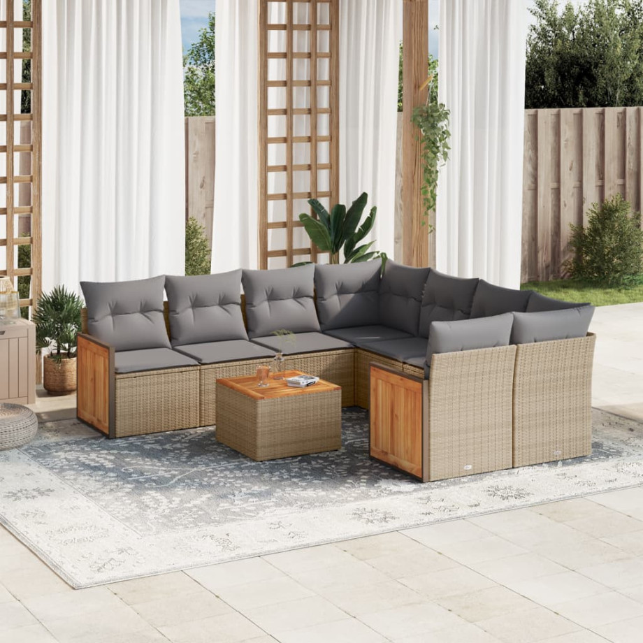 vidaXL 9-delige Loungeset met kussens poly rattan beige afbeelding 1