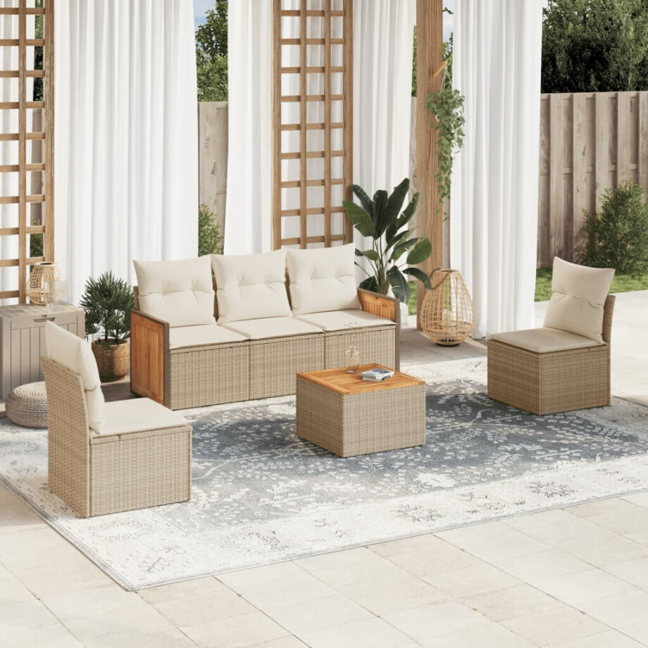 vidaXL 6-delige Loungeset met kussens poly rattan beige afbeelding 1