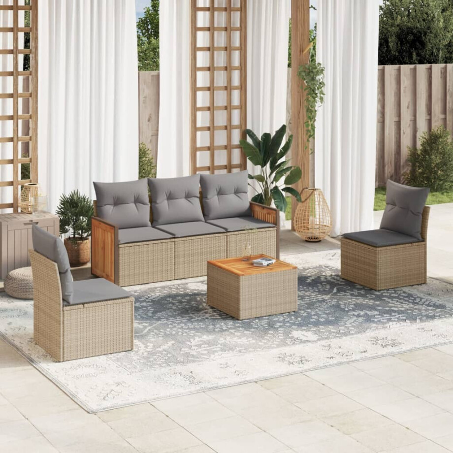 vidaXL 6-delige Loungeset met kussens poly rattan beige afbeelding 1