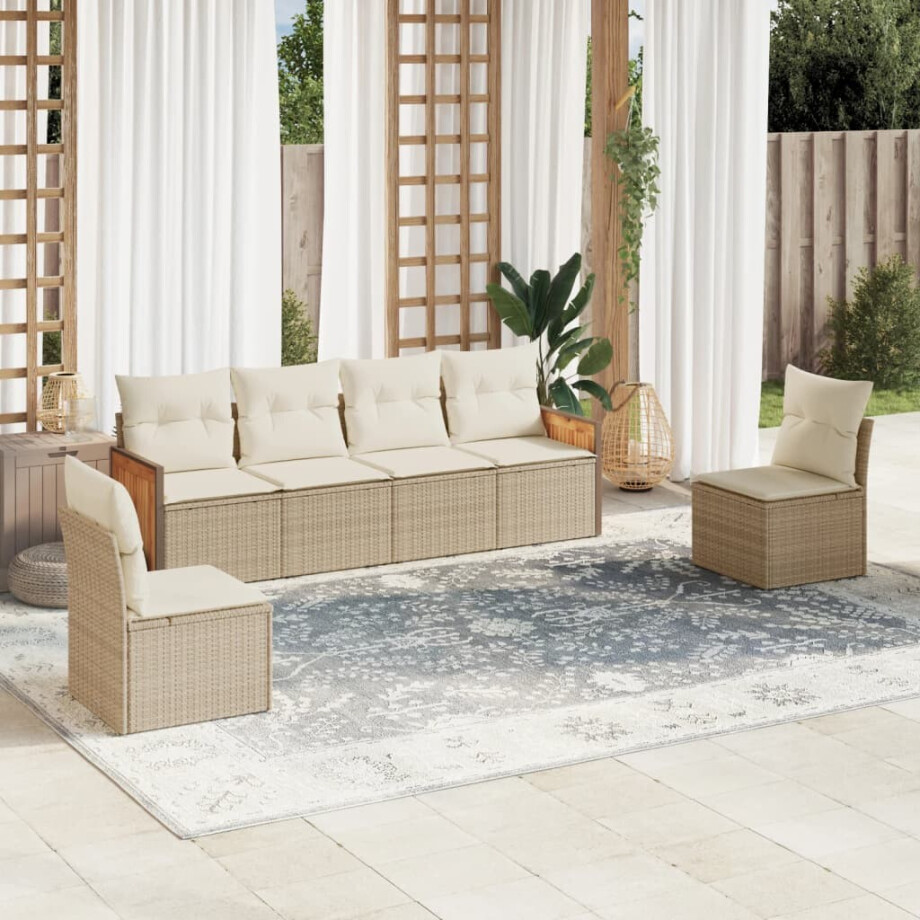vidaXL 6-delige Loungeset met kussens poly rattan beige afbeelding 1