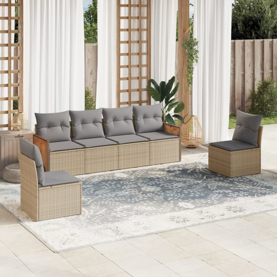 vidaXL 6-delige Loungeset met kussens poly rattan beige afbeelding 1