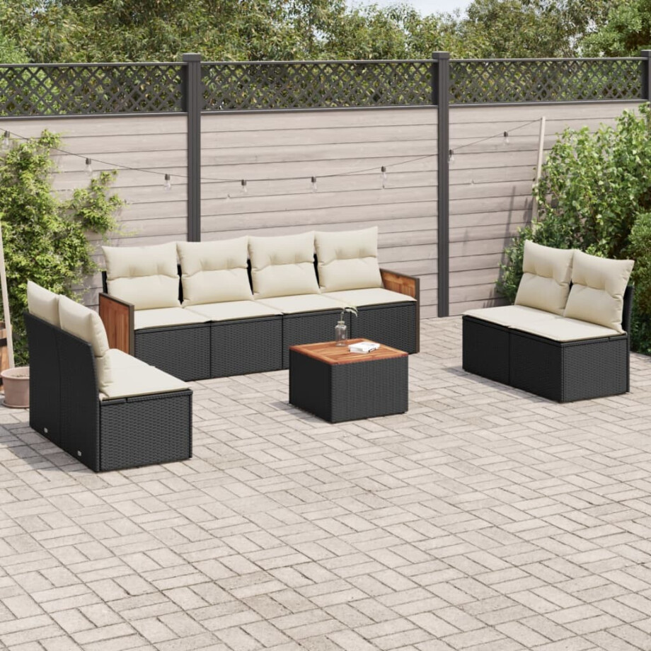 vidaXL 9-delige Loungeset met kussens poly rattan zwart afbeelding 1