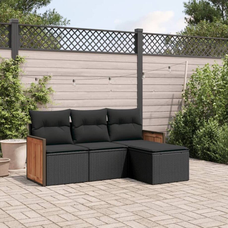 vidaXL 4-delige Loungeset met kussens poly rattan zwart afbeelding 1