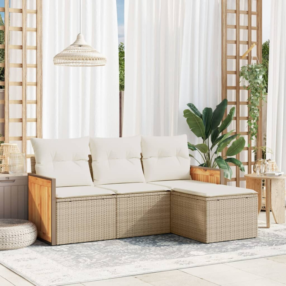 vidaXL 4-delige Loungeset met kussens poly rattan beige vidaXL 4-delige Loungeset met kussens poly rattan beige afbeelding 1
