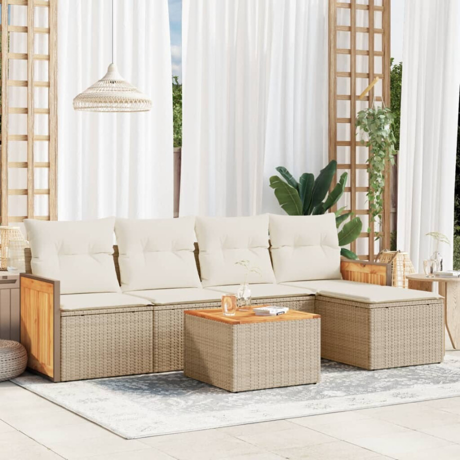 vidaXL 6-delige Loungeset met kussens poly rattan beige afbeelding 1