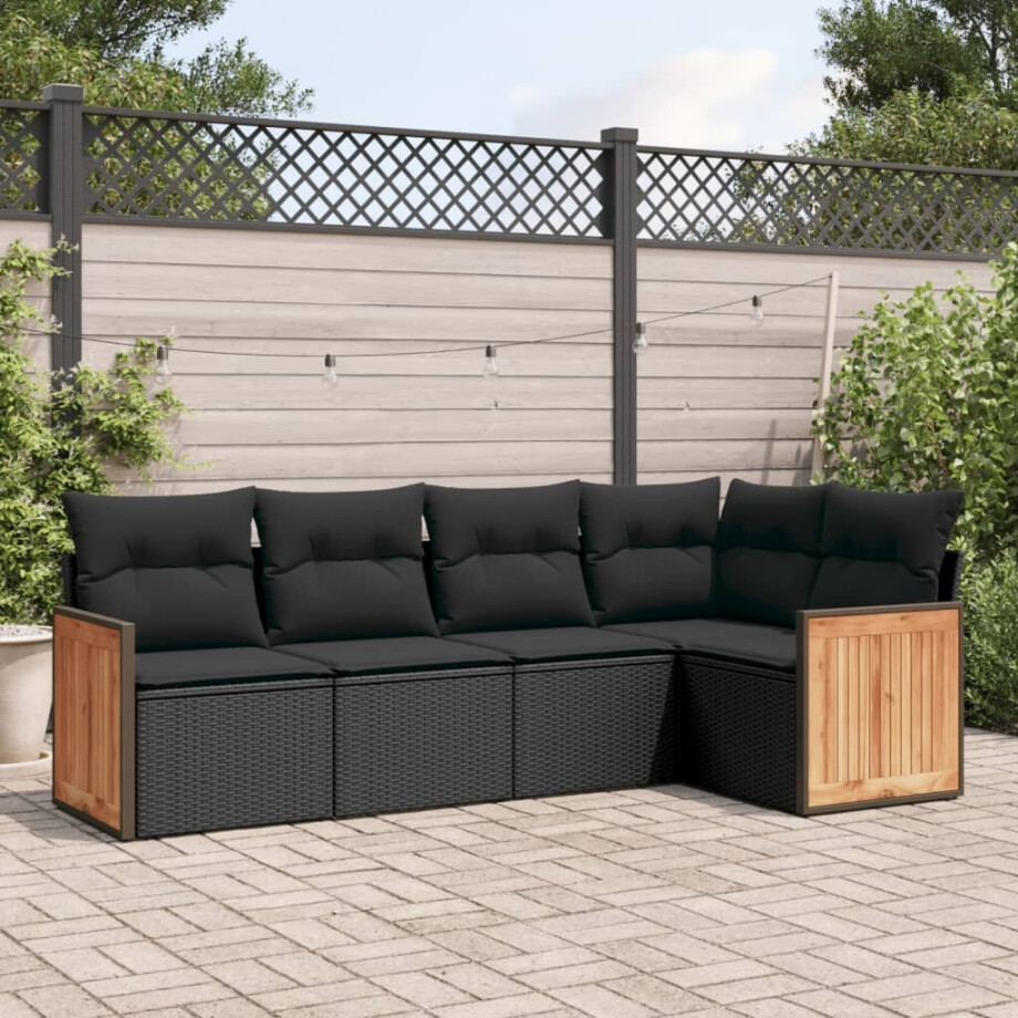 vidaXL 5-delige Loungeset met kussens poly rattan zwart afbeelding 1