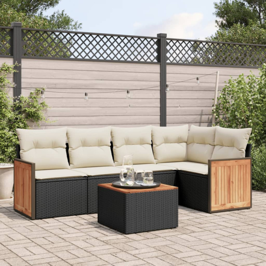 vidaXL 6-delige Loungeset met kussens poly rattan zwart afbeelding 1