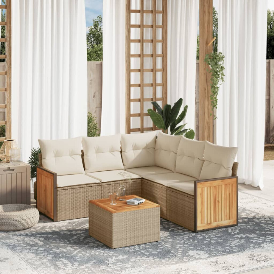 vidaXL 6-delige Loungeset met kussens poly rattan beige afbeelding 1