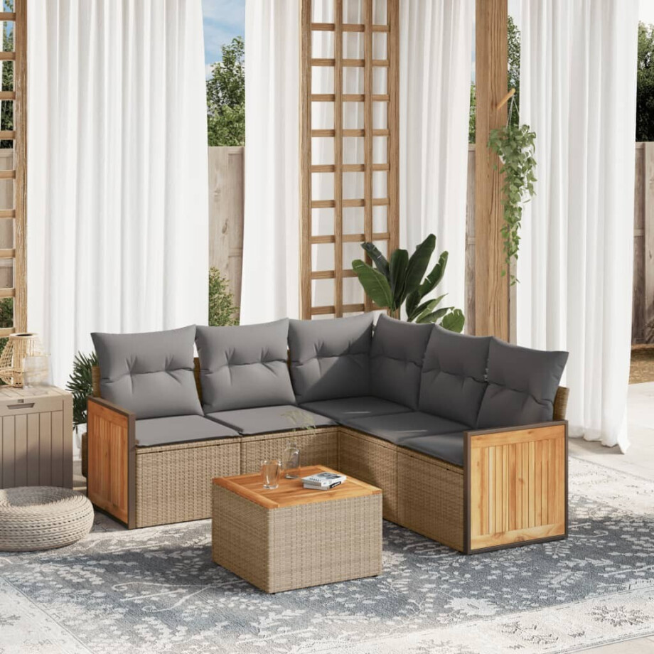 vidaXL 6-delige Loungeset met kussens poly rattan beige vidaXL 6-delige Loungeset met kussens poly rattan beige afbeelding 1