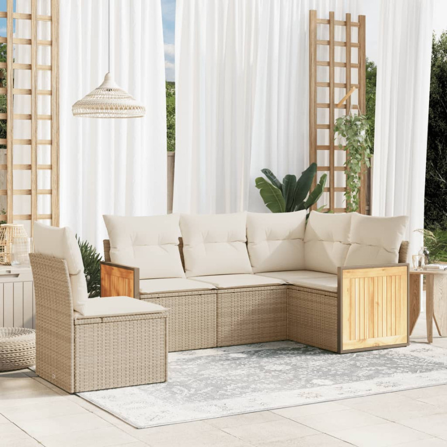 vidaXL 5-delige Loungeset met kussens poly rattan beige afbeelding 1