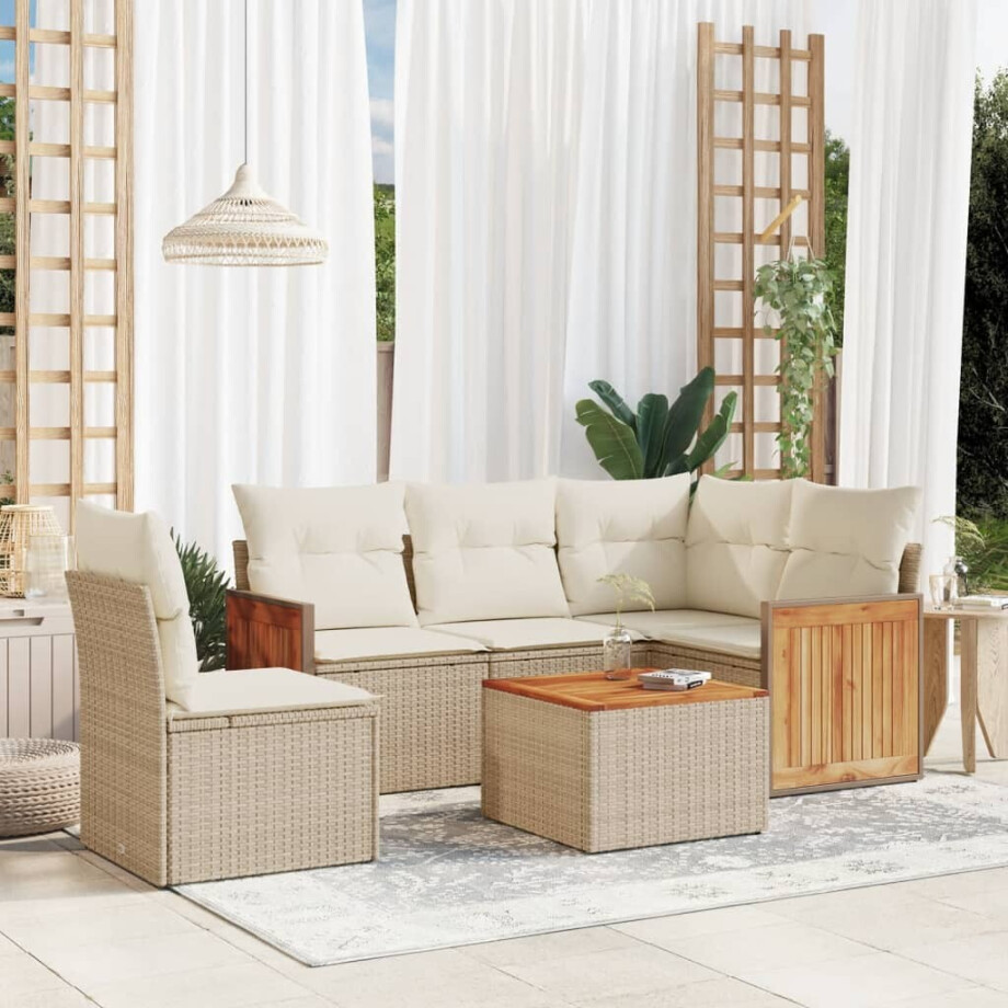 vidaXL 6-delige Loungeset met kussens poly rattan beige afbeelding 1