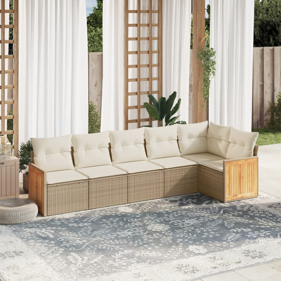 vidaXL 6-delige Loungeset met kussens poly rattan beige afbeelding 1
