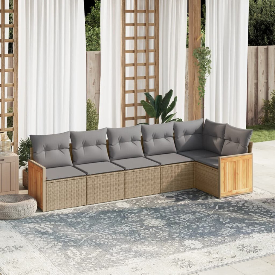 vidaXL 6-delige Loungeset met kussens poly rattan beige afbeelding 1