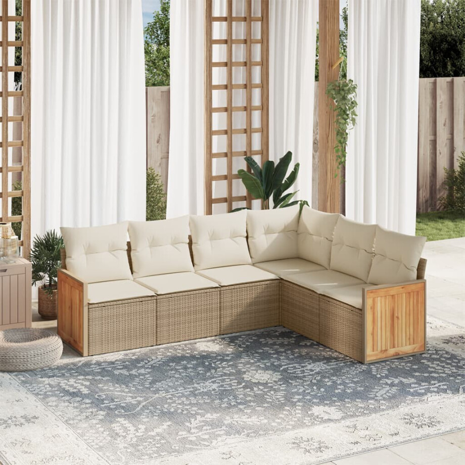vidaXL 6-delige Loungeset met kussens poly rattan beige afbeelding 1