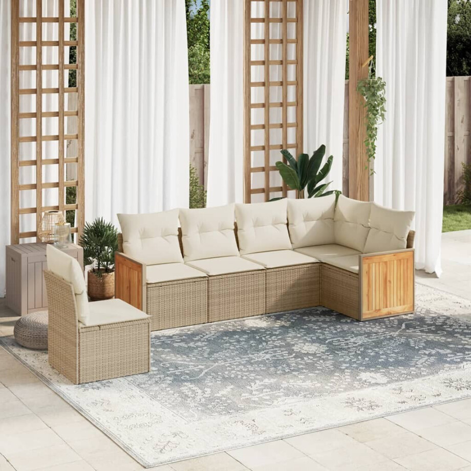 vidaXL 6-delige Loungeset met kussens poly rattan beige afbeelding 1