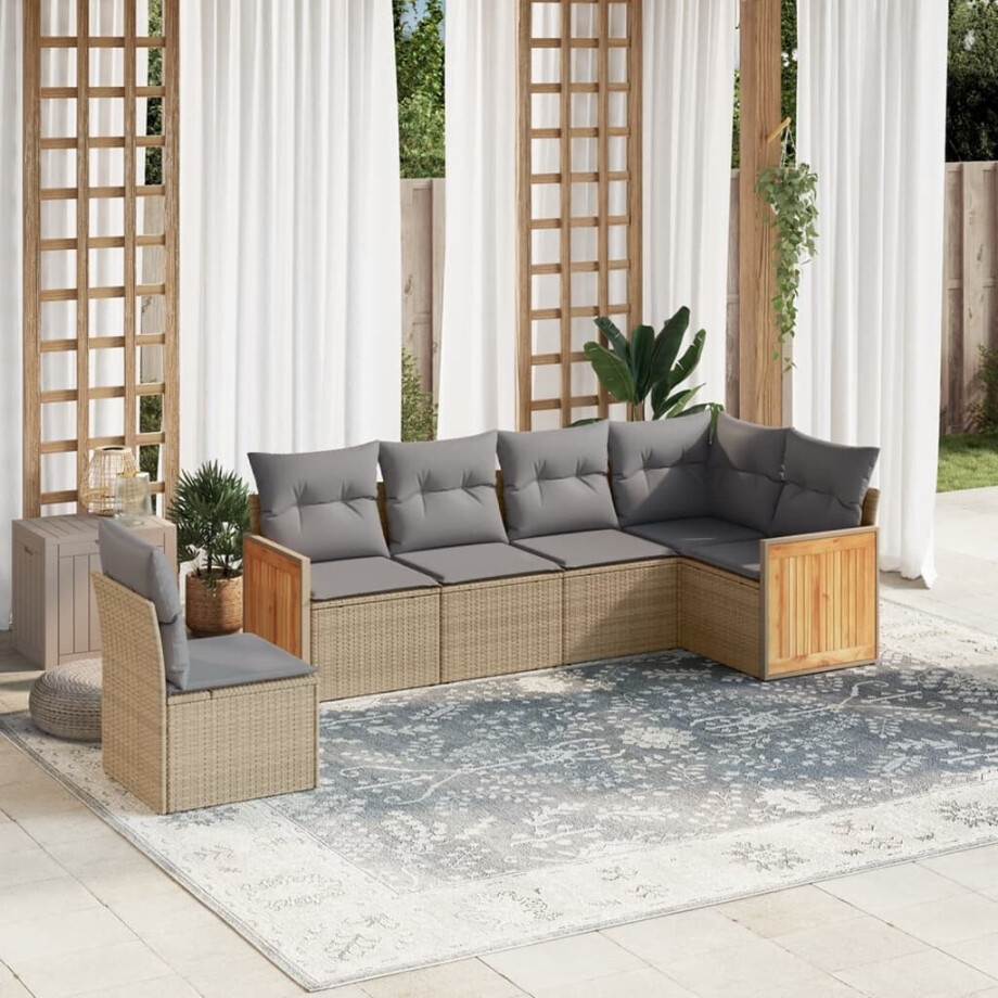 vidaXL 6-delige Loungeset met kussens poly rattan beige afbeelding 1