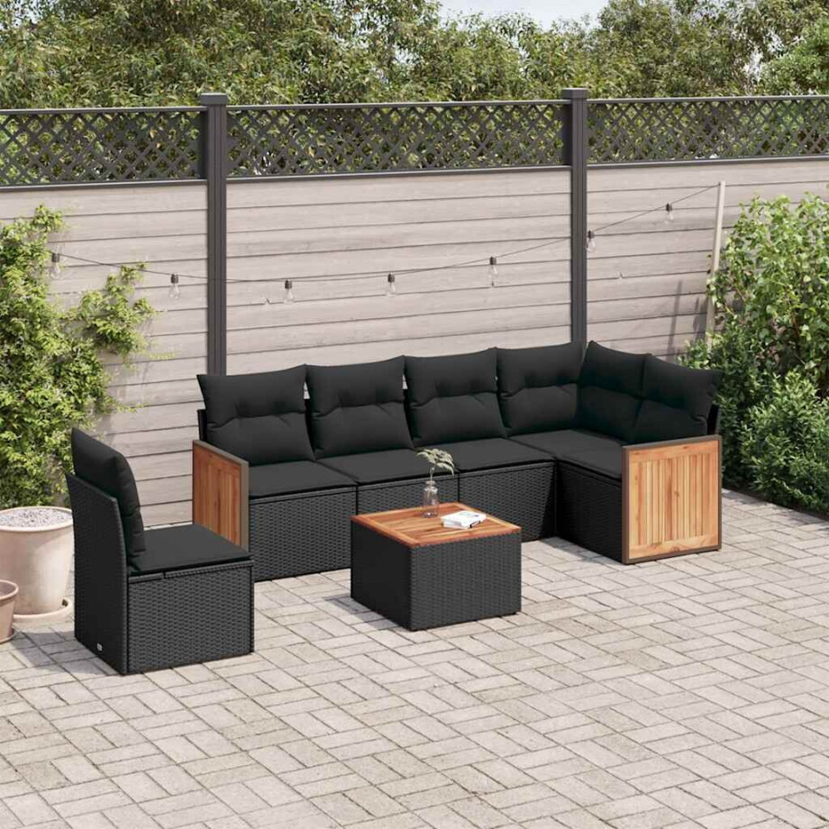 vidaXL 7-delige Loungeset met kussens poly rattan zwart afbeelding 1