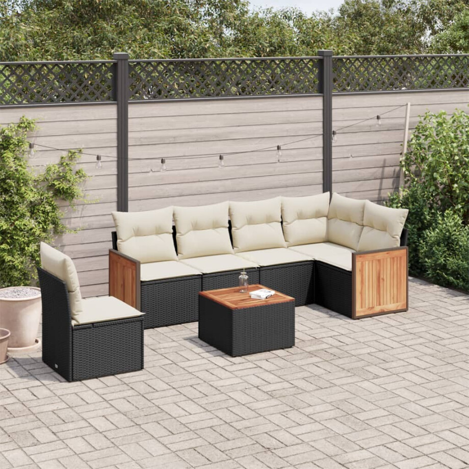 vidaXL 7-delige Loungeset met kussens poly rattan zwart afbeelding 1