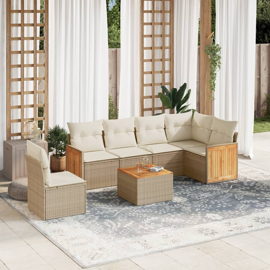 vidaXL 7-delige Loungeset met kussens poly rattan beige afbeelding 1
