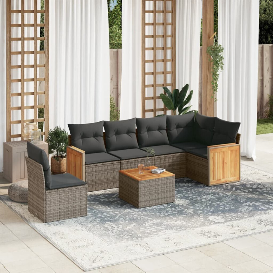 vidaXL 7-delige Loungeset met kussens poly rattan grijs afbeelding 1