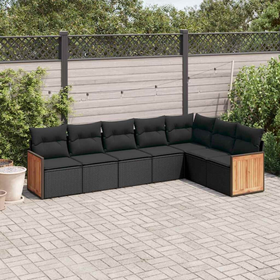vidaXL 7-delige Loungeset met kussens poly rattan zwart afbeelding 1