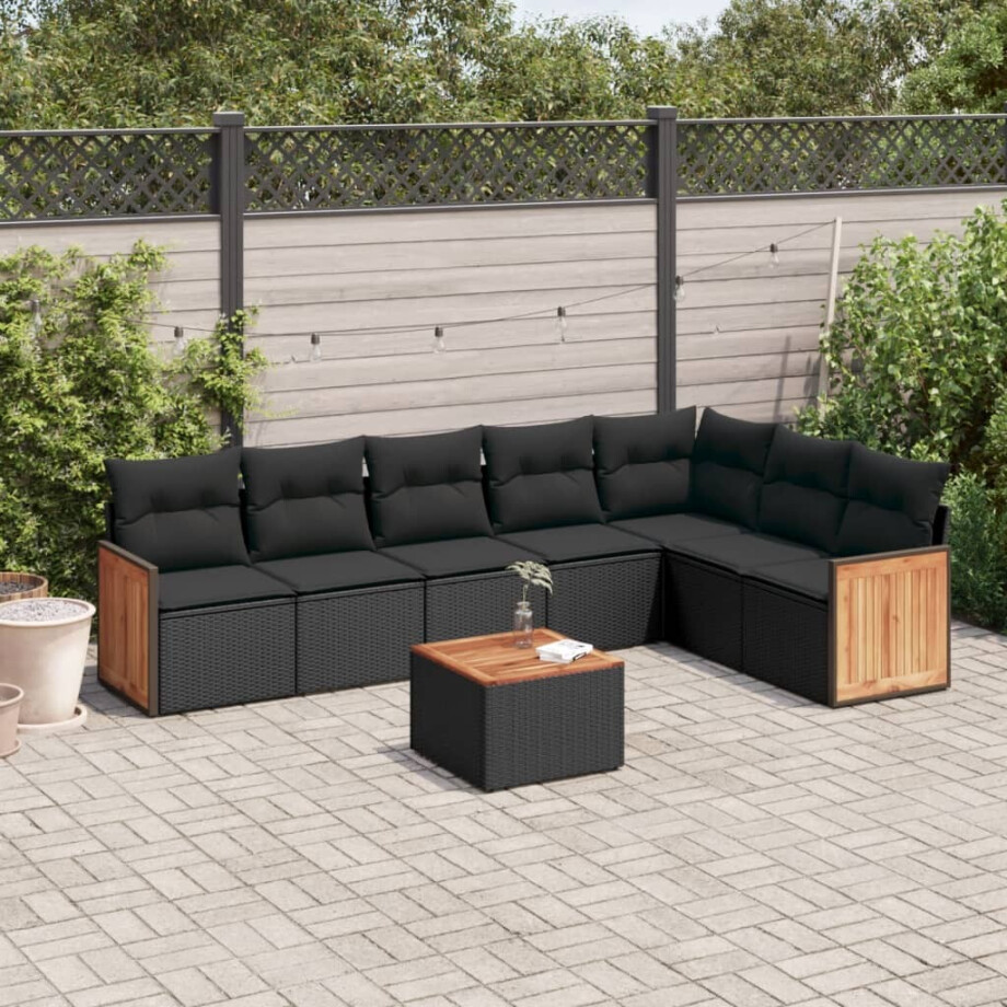 vidaXL 8-delige Loungeset met kussens poly rattan zwart afbeelding 1
