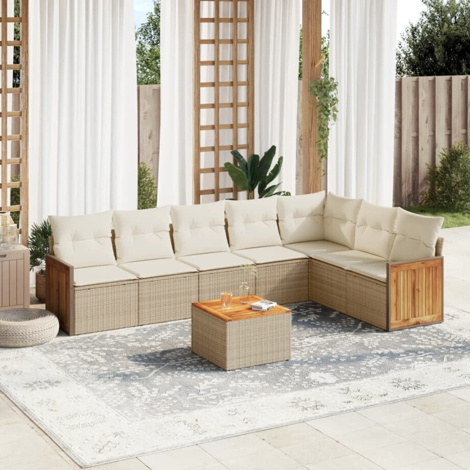vidaXL 8-delige Loungeset met kussens poly rattan beige afbeelding 1