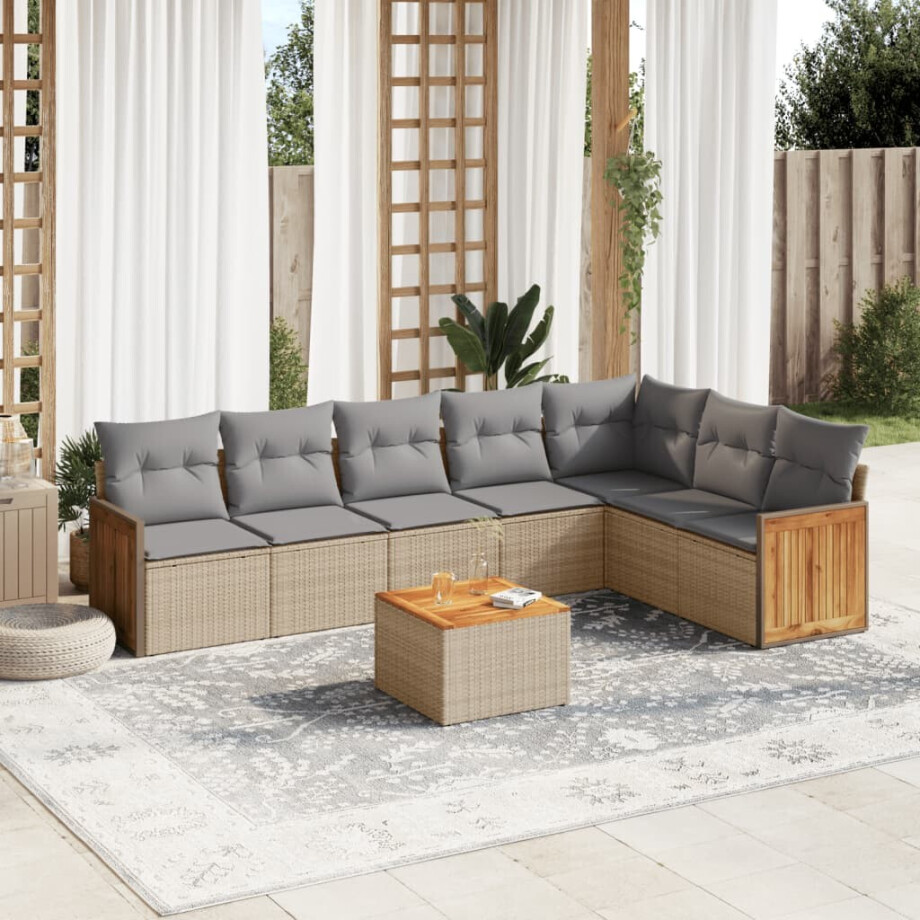 vidaXL 8-delige Loungeset met kussens poly rattan beige afbeelding 1