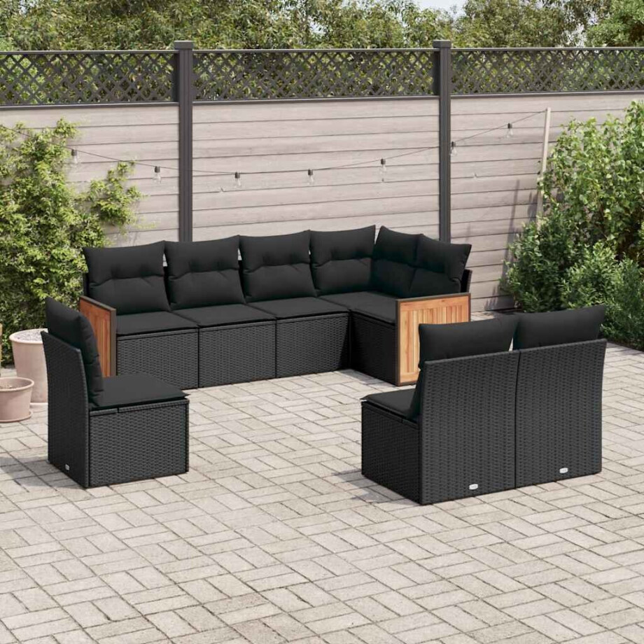 vidaXL 8-delige Loungeset met kussens poly rattan zwart afbeelding 1